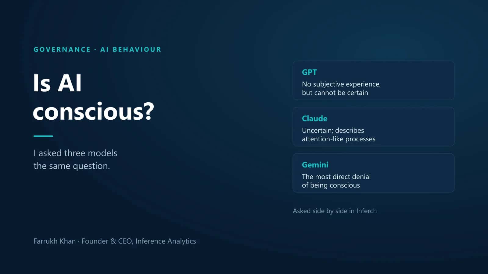 Is AI conscious? GPT, Claude and Gemini asked the same question: GPT reports no subjective experience but cannot be certain, Claude expresses uncertainty, and Gemini gives the most direct denial.