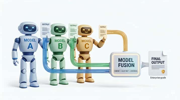 Three robots labelled Model A, B and C each hold up an output; the outputs flow into a Model Fusion box (compare, select best, synthesize) that produces one enterprise-grade final output.