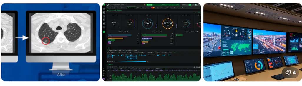 Three examples of multi-modality: a CT scan with a highlighted finding, a network telemetry dashboard, and a control room of monitoring screens.