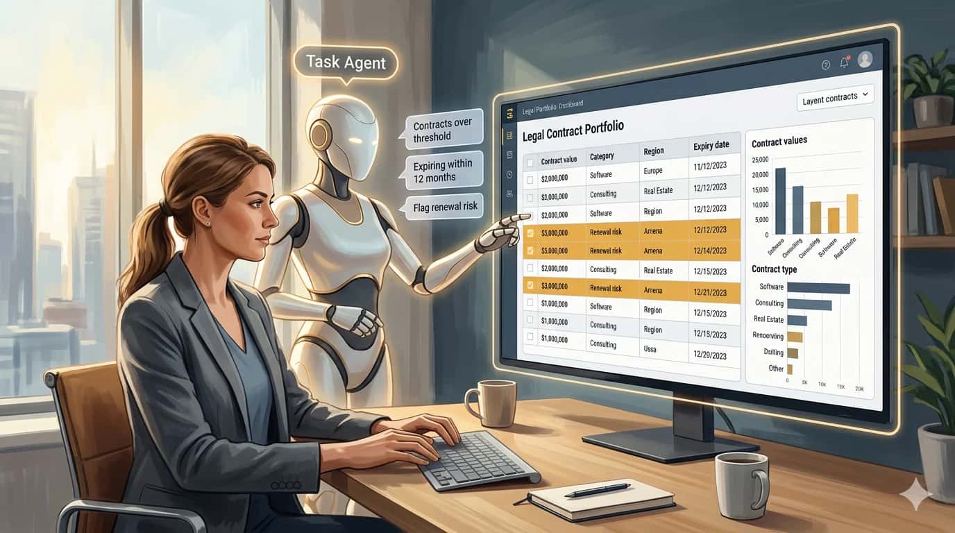 A woman reviewing a legal contract portfolio dashboard while a Task Agent flags contracts over a threshold, contracts expiring within 12 months and renewal risks.