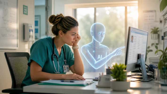 A nurse at a desk, chin in hand, looking doubtfully at a computer screen while a translucent AI figure points at it beside her.